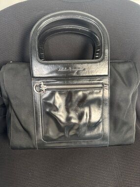 Salvatore Ferragamo Black Leather & Canvas Top Handle Bag-excellent condition!
